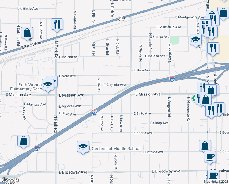 map of restaurants, bars, coffee shops, grocery stores, and more near 8105 East Mission Avenue in Spokane Valley