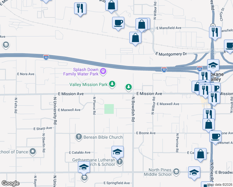 map of restaurants, bars, coffee shops, grocery stores, and more near 11123 East Mission Avenue in Spokane Valley