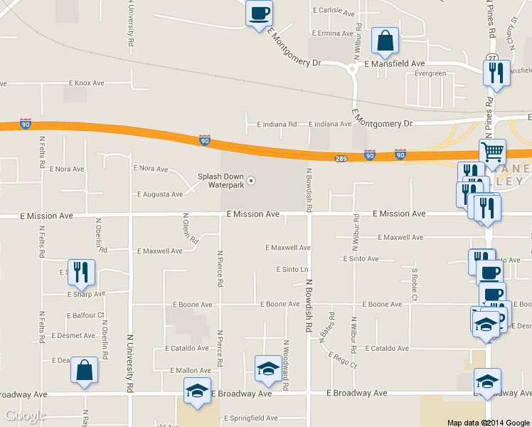 map of restaurants, bars, coffee shops, grocery stores, and more near 11123 East Mission Avenue in Spokane Valley