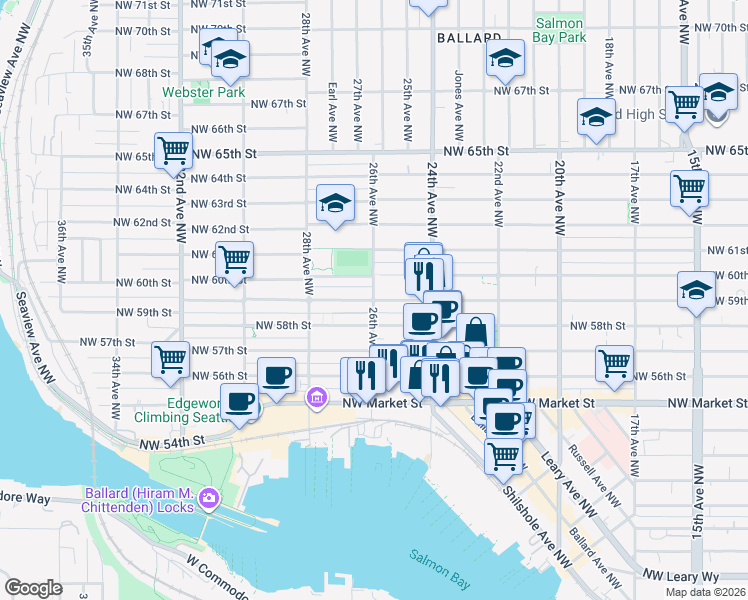 map of restaurants, bars, coffee shops, grocery stores, and more near 26th Ave NW & NW 59th St in Seattle