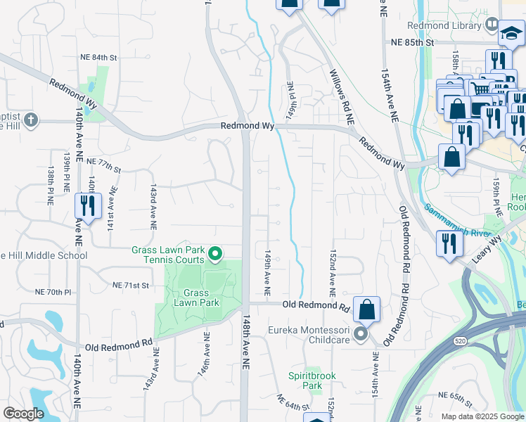 map of restaurants, bars, coffee shops, grocery stores, and more near 14828 NE 75th St in Redmond