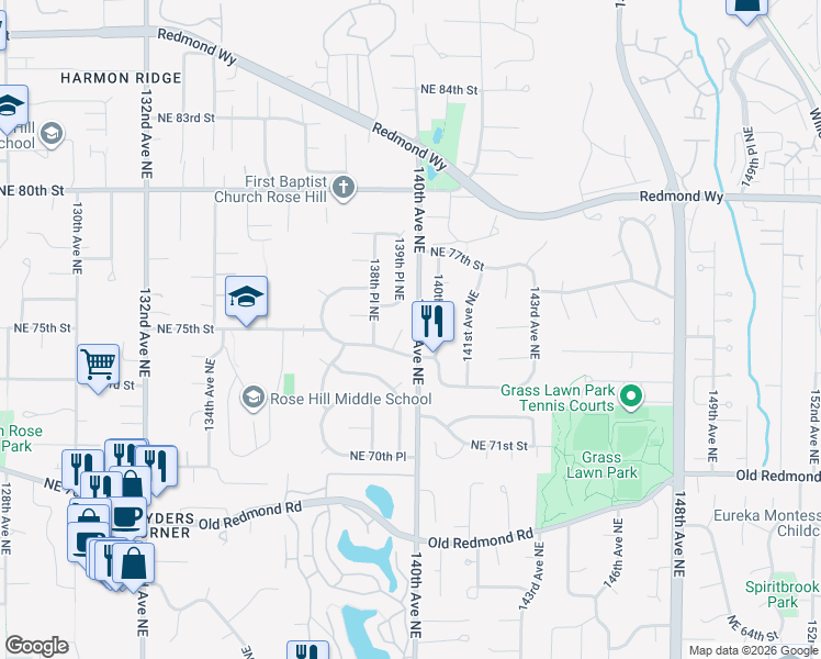 map of restaurants, bars, coffee shops, grocery stores, and more near 7426 139th Place Northeast in Redmond