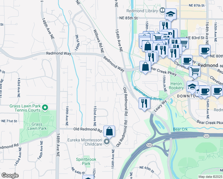 map of restaurants, bars, coffee shops, grocery stores, and more near 7435 Old Redmond Road in Redmond