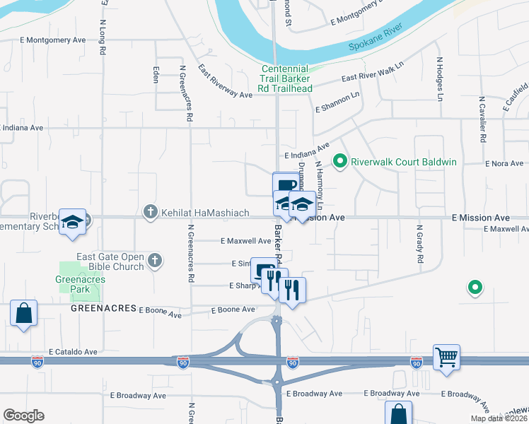 map of restaurants, bars, coffee shops, grocery stores, and more near 18615 East Mission Avenue in Spokane Valley