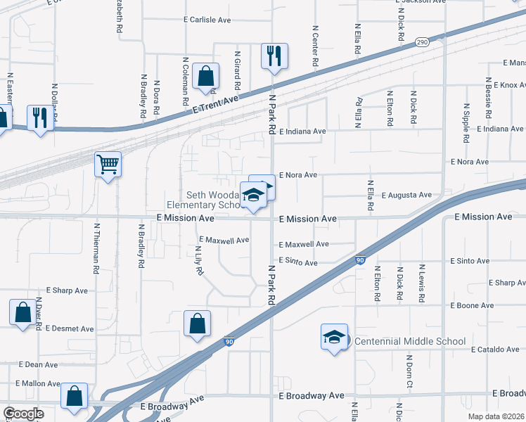map of restaurants, bars, coffee shops, grocery stores, and more near 7401 East Mission Avenue in Spokane Valley