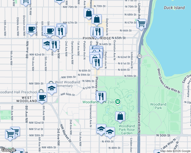 map of restaurants, bars, coffee shops, grocery stores, and more near 5819 Phinney Avenue North in Seattle