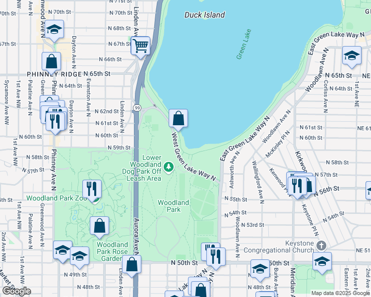 map of restaurants, bars, coffee shops, grocery stores, and more near 5900 West Green Lake Way North in Seattle