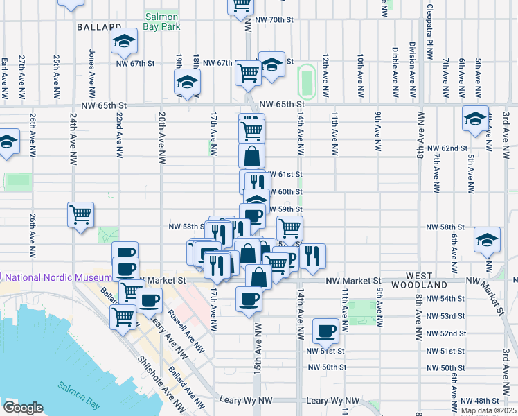 map of restaurants, bars, coffee shops, grocery stores, and more near 1499 Northwest 59th Street in Seattle