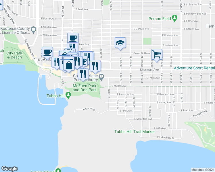 map of restaurants, bars, coffee shops, grocery stores, and more near 799 East Mullan Avenue in Coeur d'Alene