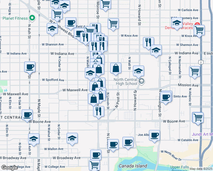 map of restaurants, bars, coffee shops, grocery stores, and more near 920 West Maxwell Avenue in Spokane