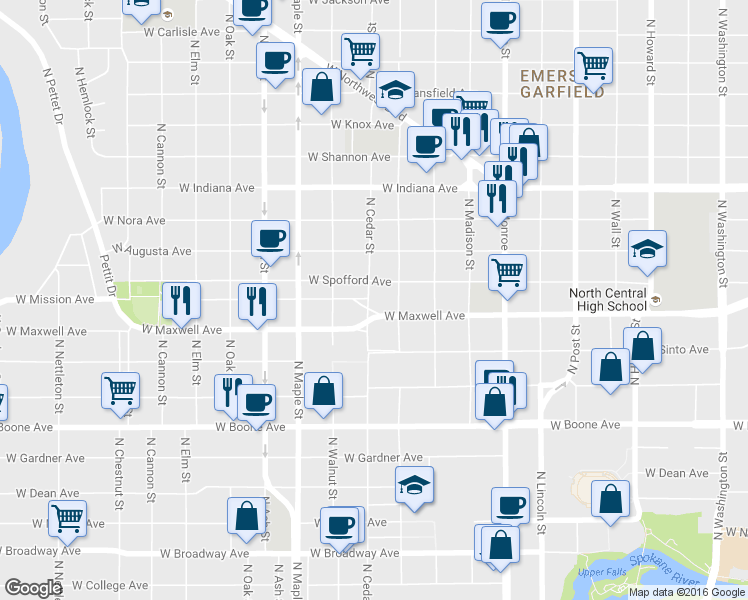 map of restaurants, bars, coffee shops, grocery stores, and more near 1314 West Maxwell Avenue in Spokane