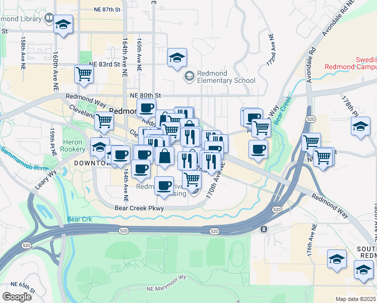 map of restaurants, bars, coffee shops, grocery stores, and more near 16771 Redmond Way in Redmond