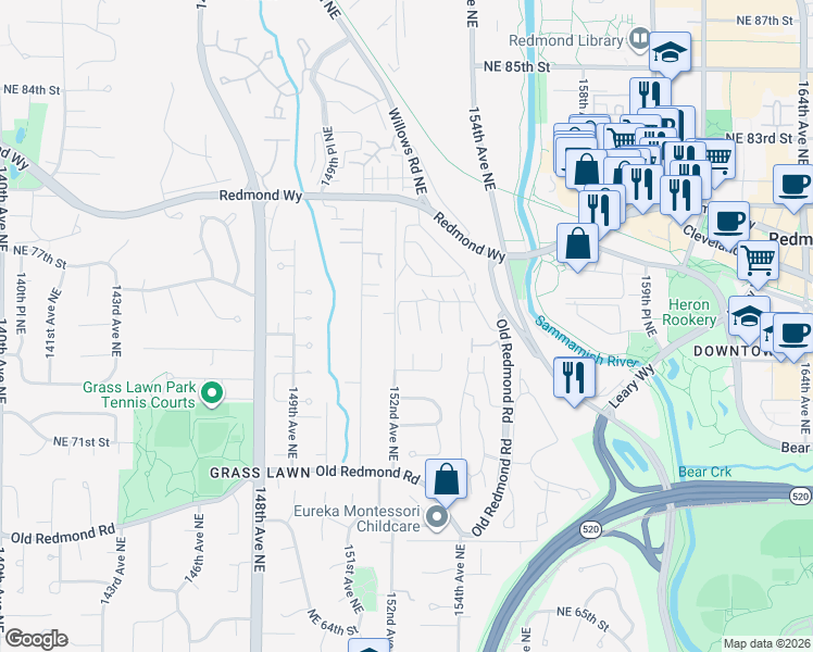 map of restaurants, bars, coffee shops, grocery stores, and more near 7335 Old Redmond Road in Redmond