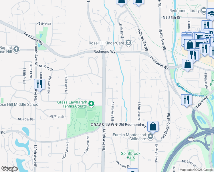 map of restaurants, bars, coffee shops, grocery stores, and more near 14828 Northeast 75th Street in Redmond