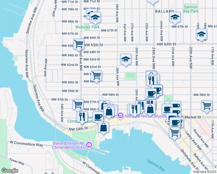 map of restaurants, bars, coffee shops, grocery stores, and more near 2825 Northwest 59th Street in Seattle