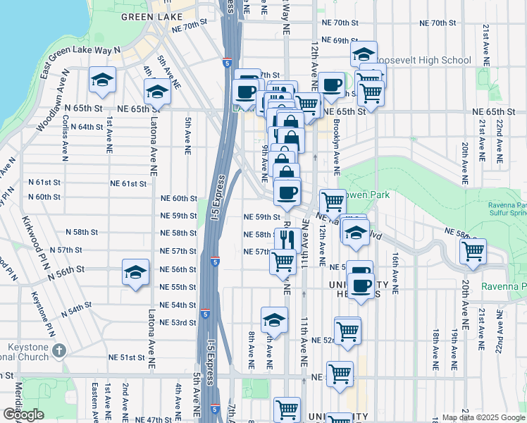 map of restaurants, bars, coffee shops, grocery stores, and more near 830 Northeast 59th Street in Seattle