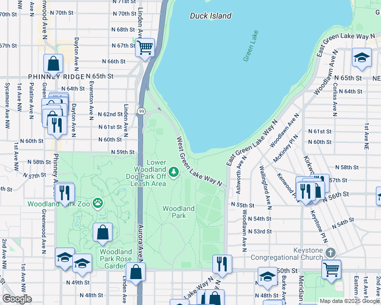 map of restaurants, bars, coffee shops, grocery stores, and more near 5900 West Green Lake Way North in Seattle