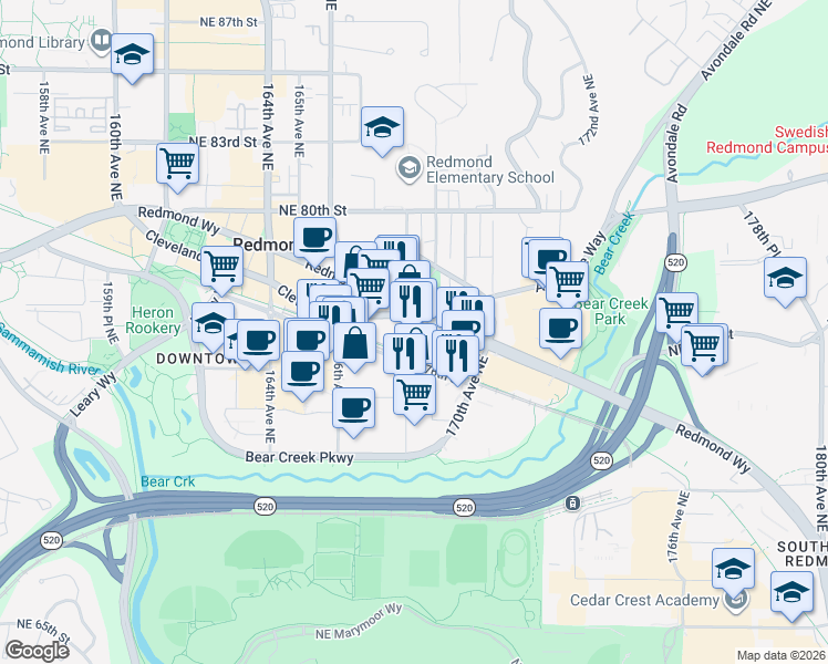 map of restaurants, bars, coffee shops, grocery stores, and more near 16771 Redmond Way in Redmond