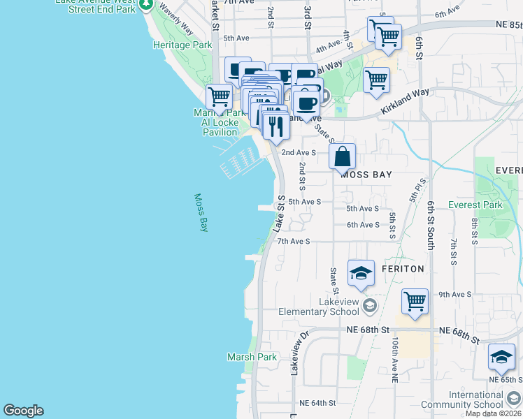 map of restaurants, bars, coffee shops, grocery stores, and more near 515 Lake Street South in Kirkland