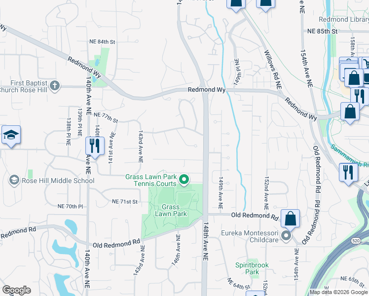 map of restaurants, bars, coffee shops, grocery stores, and more near 7525 146th Avenue Northeast in Redmond