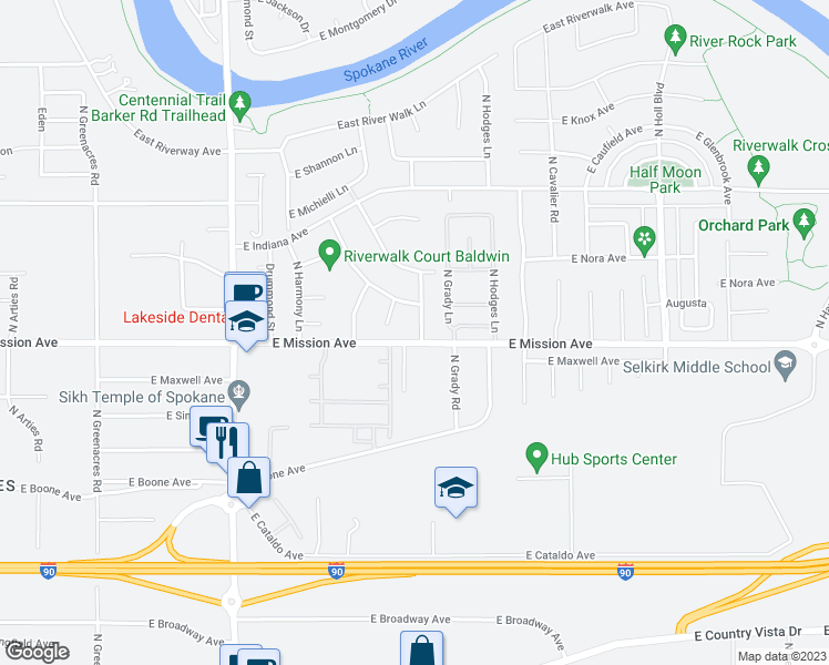 map of restaurants, bars, coffee shops, grocery stores, and more near 1607 North Holiday Lane in Spokane Valley