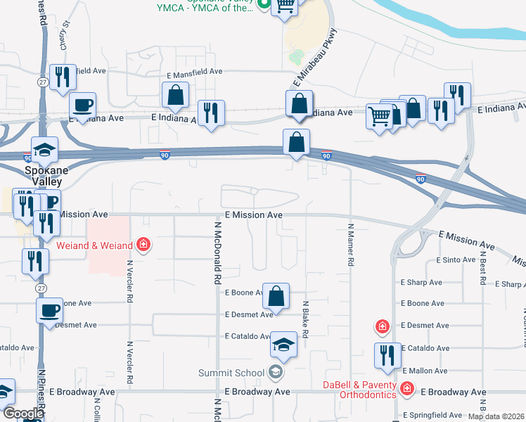 map of restaurants, bars, coffee shops, grocery stores, and more near in Spokane Valley