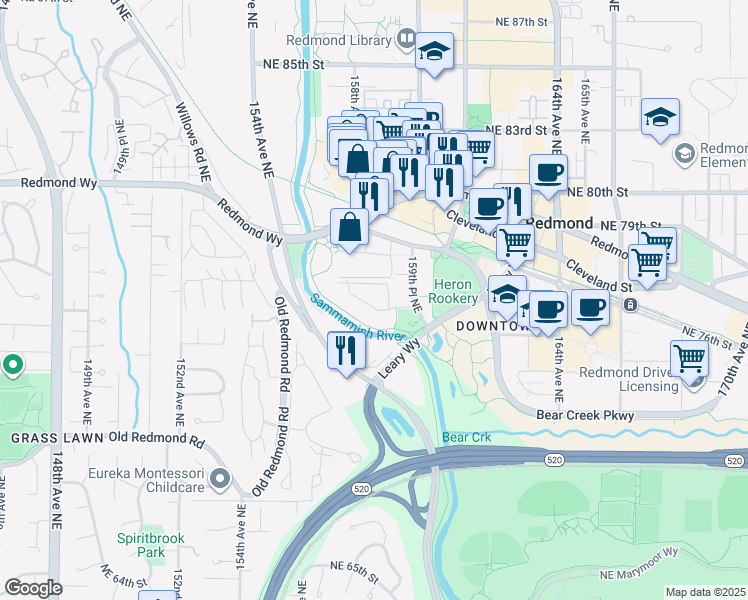 map of restaurants, bars, coffee shops, grocery stores, and more near 7435 159th Place Northeast in Redmond