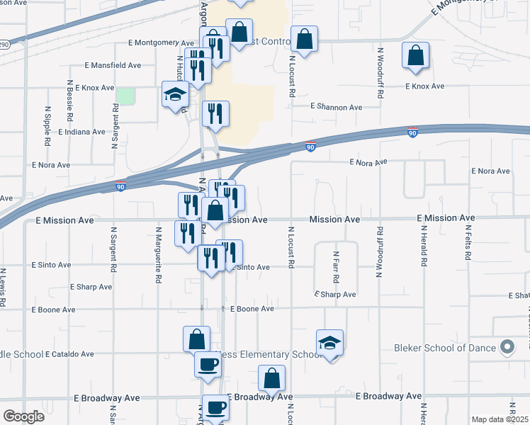 map of restaurants, bars, coffee shops, grocery stores, and more near 9317 East Mission Avenue in Spokane Valley