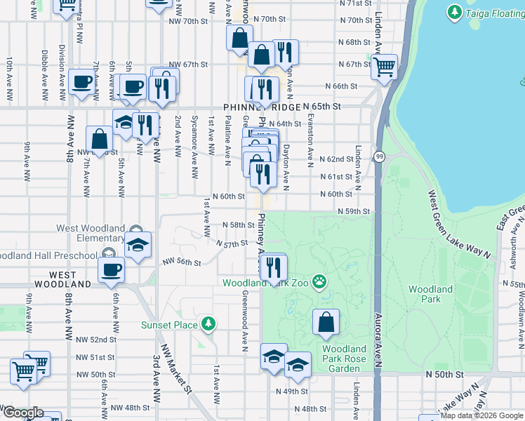 map of restaurants, bars, coffee shops, grocery stores, and more near 5914 Phinney Ave N in Seattle