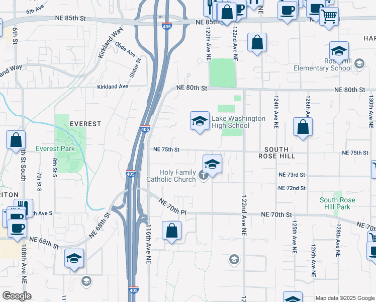 map of restaurants, bars, coffee shops, grocery stores, and more near 11829 Northeast 75th Street in Kirkland