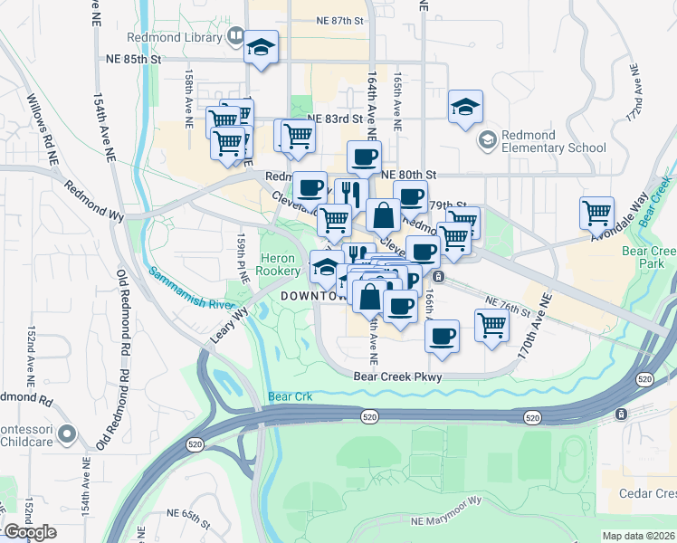 map of restaurants, bars, coffee shops, grocery stores, and more near in Redmond