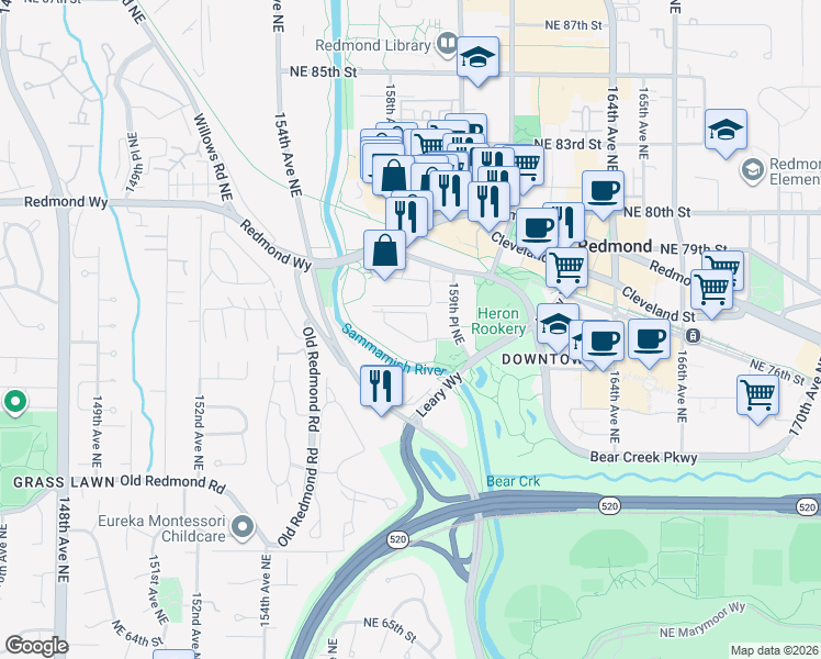 map of restaurants, bars, coffee shops, grocery stores, and more near 7435 159th Place Northeast in Redmond