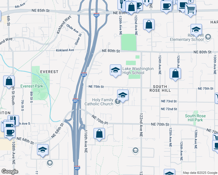 map of restaurants, bars, coffee shops, grocery stores, and more near 11829 Northeast 75th Street in Kirkland