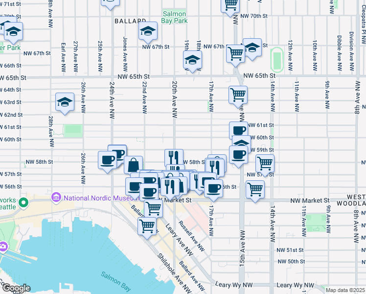 map of restaurants, bars, coffee shops, grocery stores, and more near 1771 Northwest 59th Street in Seattle