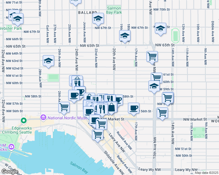 map of restaurants, bars, coffee shops, grocery stores, and more near 2031 Northwest 59th Street in Seattle