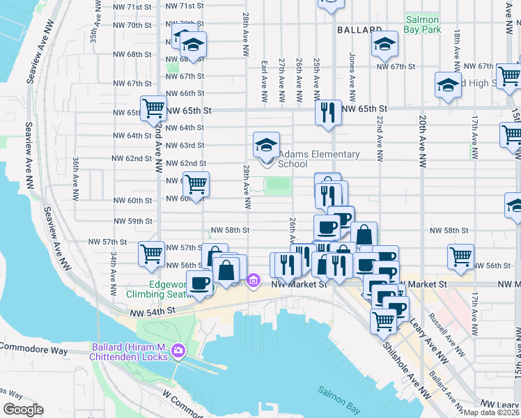 map of restaurants, bars, coffee shops, grocery stores, and more near 2657 Northwest 59th Street in Seattle