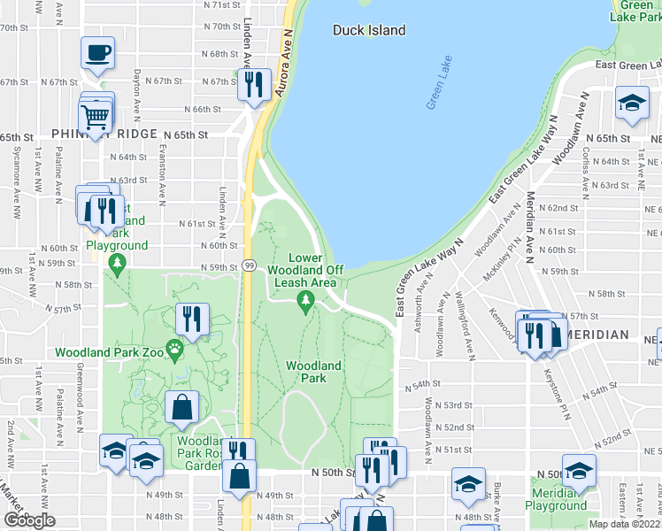 map of restaurants, bars, coffee shops, grocery stores, and more near 5000 Green Lake Trail in Seattle