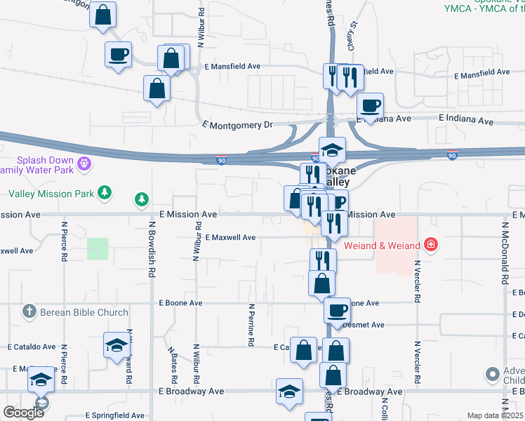 map of restaurants, bars, coffee shops, grocery stores, and more near 11908 East Mission Avenue in Spokane Valley