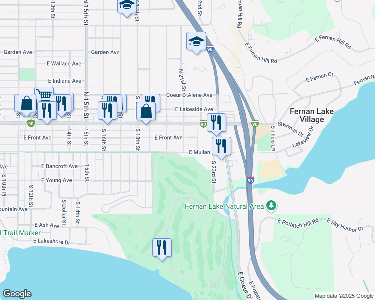 map of restaurants, bars, coffee shops, grocery stores, and more near 2103 East Mullan Avenue in Coeur d'Alene