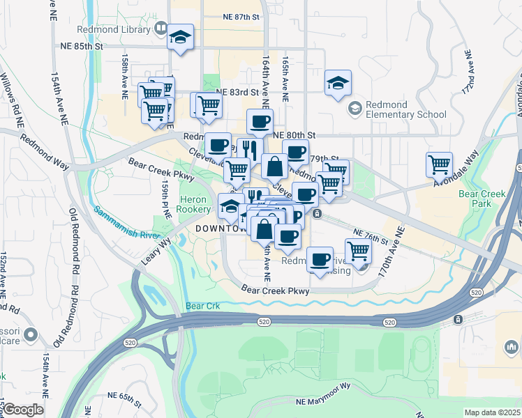 map of restaurants, bars, coffee shops, grocery stores, and more near 7575 164th Avenue Northeast in Redmond