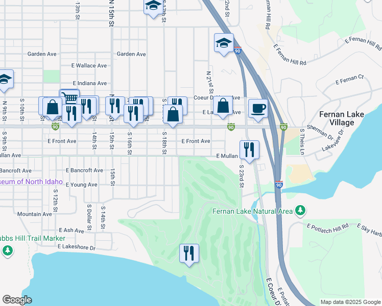 map of restaurants, bars, coffee shops, grocery stores, and more near 1915 East Mullan Avenue in Coeur d'Alene