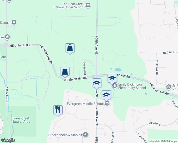 map of restaurants, bars, coffee shops, grocery stores, and more near 20617 Northeast 75th Place in Redmond