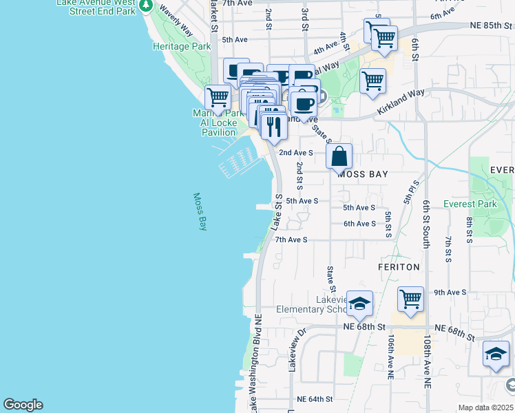 map of restaurants, bars, coffee shops, grocery stores, and more near 514 Lake Street South in Kirkland