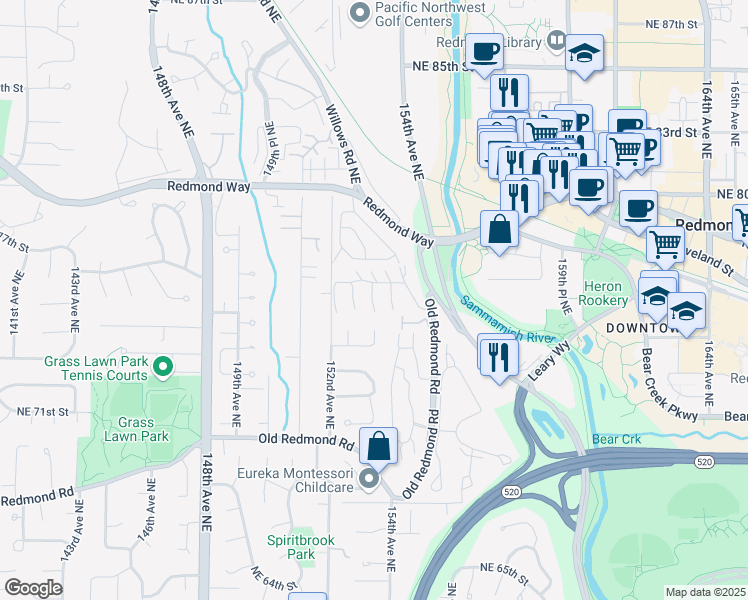 map of restaurants, bars, coffee shops, grocery stores, and more near 7453 Old Redmond Road in Redmond