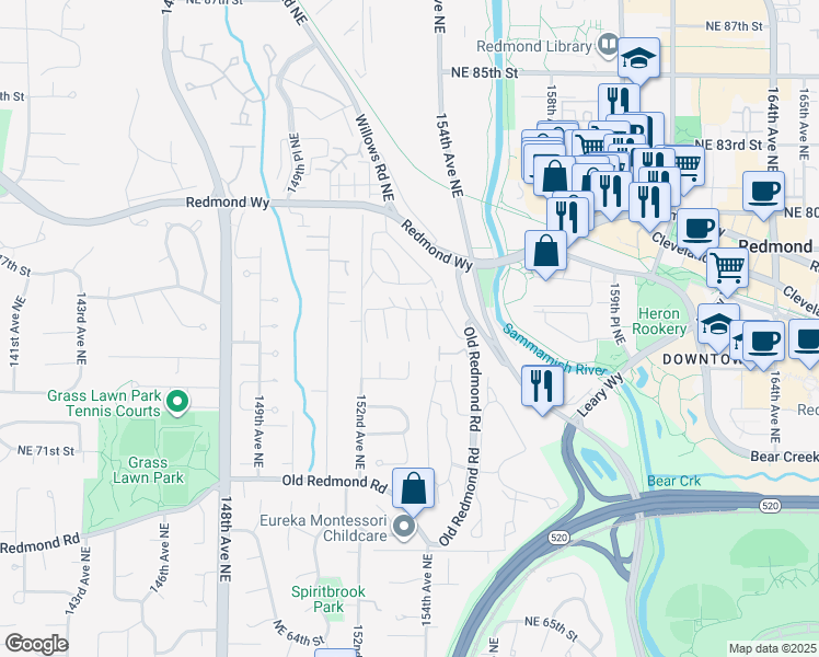 map of restaurants, bars, coffee shops, grocery stores, and more near 7417 Old Redmond Road in Redmond