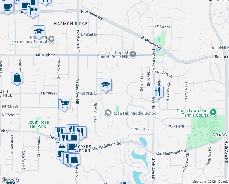 map of restaurants, bars, coffee shops, grocery stores, and more near 7506 135th Place Northeast in Redmond