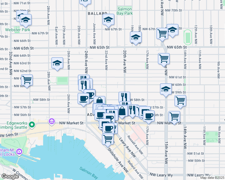 map of restaurants, bars, coffee shops, grocery stores, and more near 2040 Northwest 59th Street in Seattle