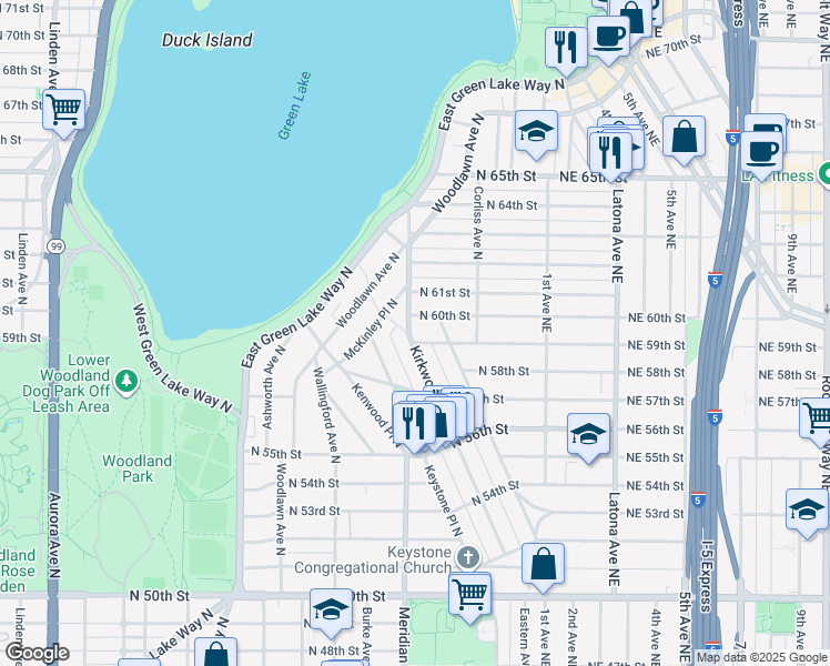 map of restaurants, bars, coffee shops, grocery stores, and more near 5906 Kirkwood Place North in Seattle