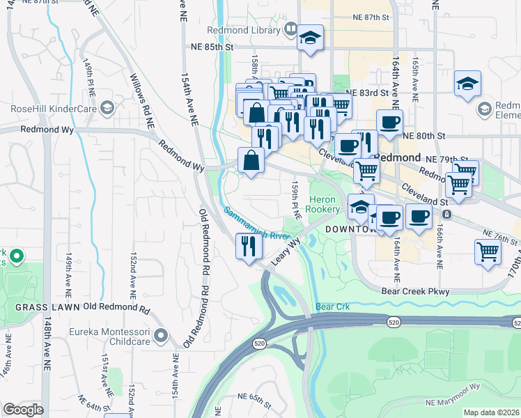 map of restaurants, bars, coffee shops, grocery stores, and more near 7435 159th Place Northeast in Redmond