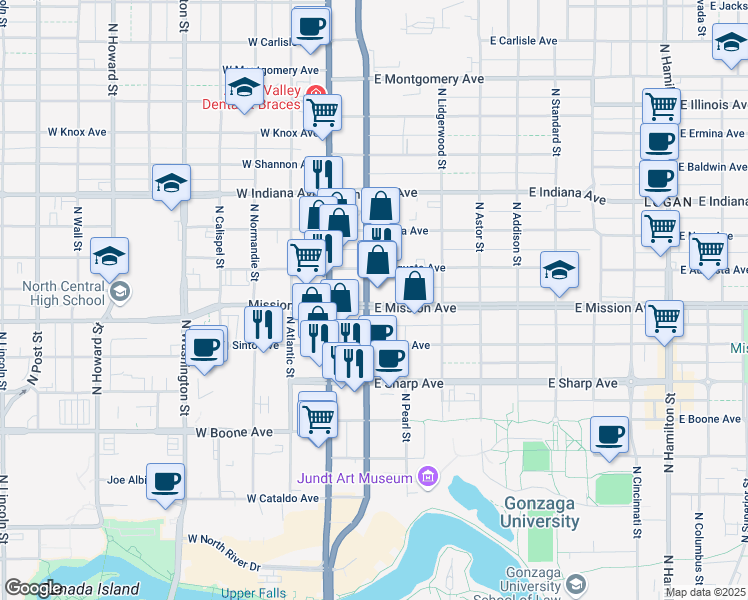 map of restaurants, bars, coffee shops, grocery stores, and more near 1600 North Ruby Street in Spokane